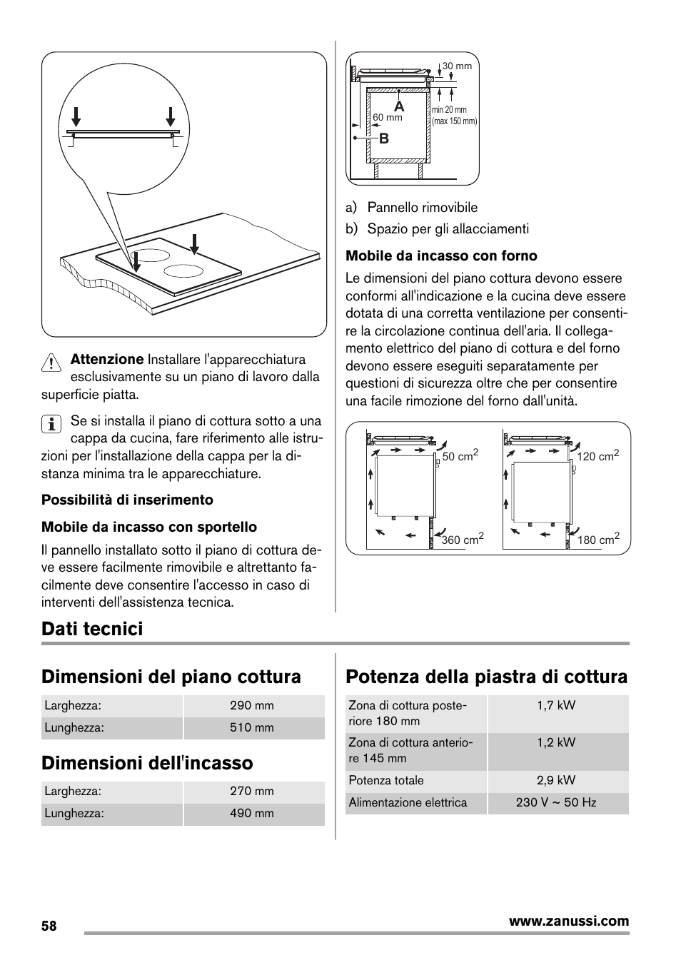 Dati tecnici dimensioni del piano cottura, Dimensioni dell'incasso, Potenza della piastra di cottura | Zanussi ZES3921IBA User Manual | Page 58 / 60