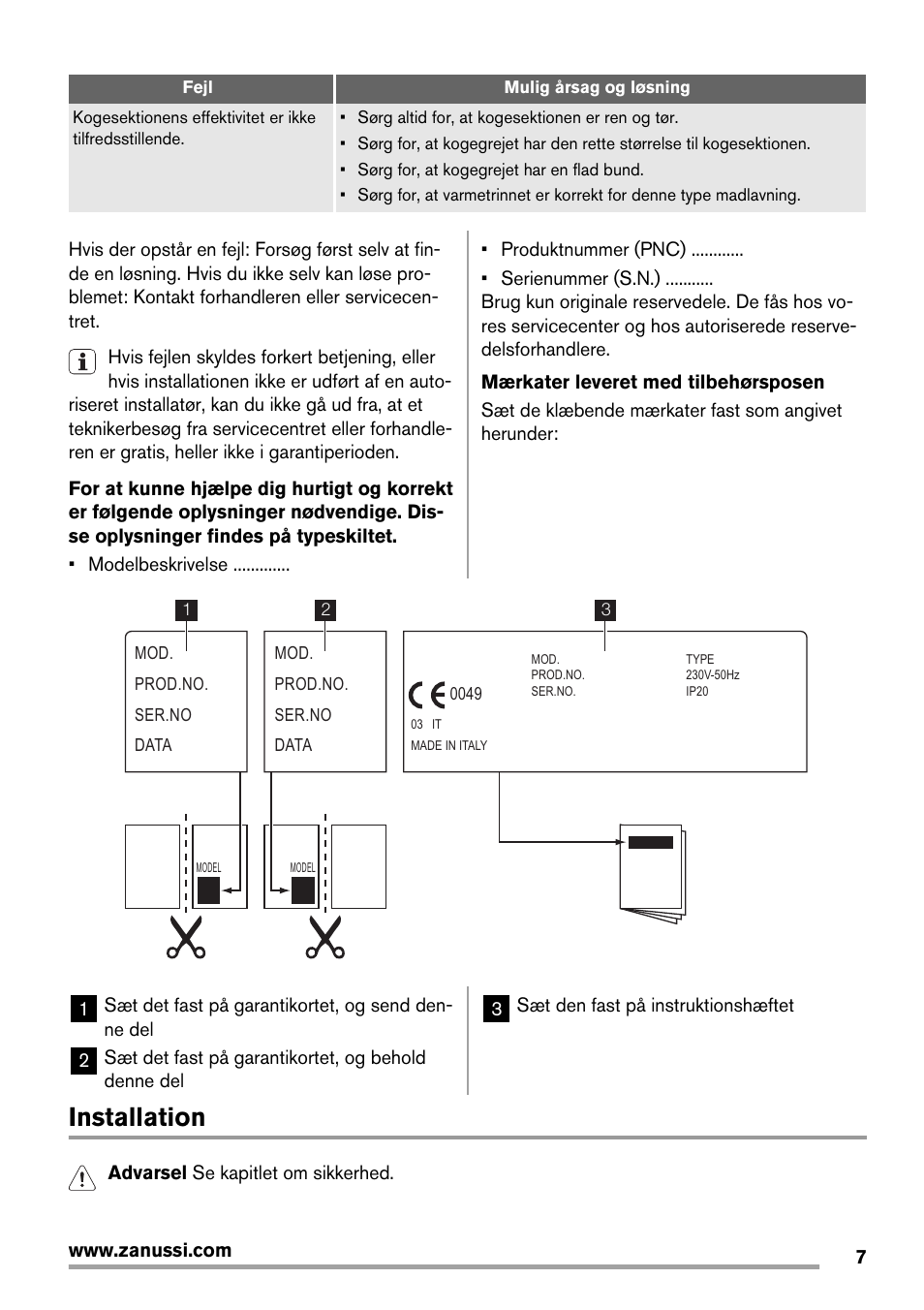 Installation | Zanussi ZES3921IBA User Manual | Page 7 / 60