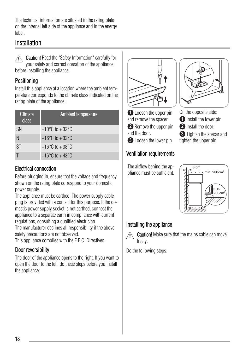 Installation | Zanussi ZBA23040SA User Manual | Page 18 / 44