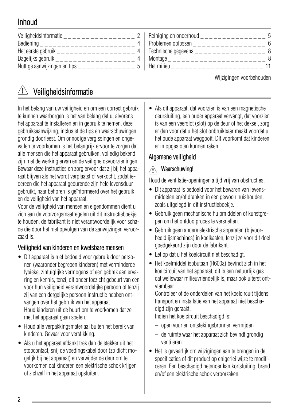 Inhoud, Veiligheidsinformatie | Zanussi ZBA23040SA User Manual | Page 2 / 44