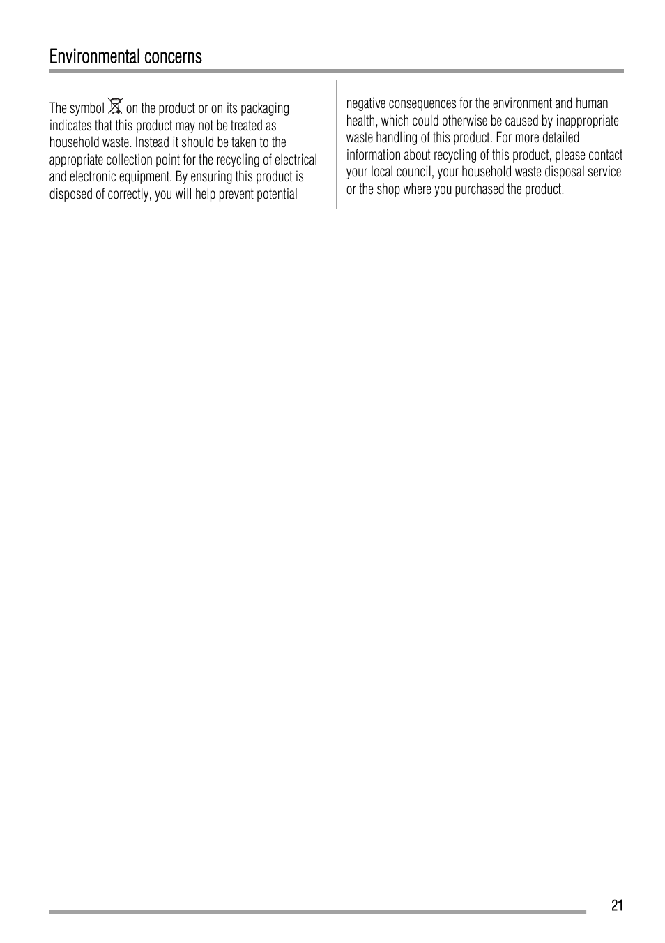 Environmental concerns | Zanussi ZBA23040SA User Manual | Page 21 / 44