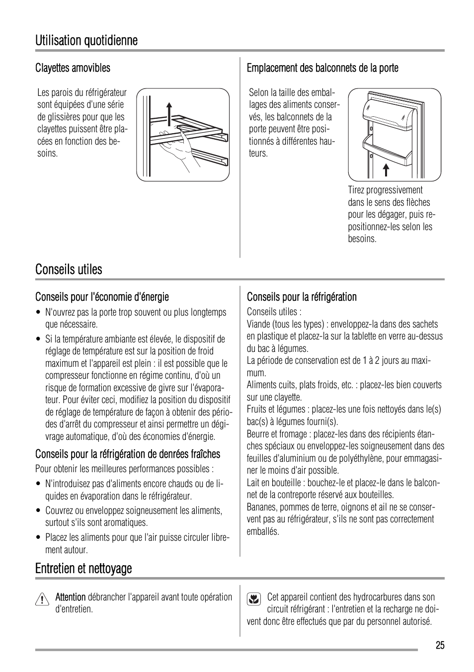 Utilisation quotidienne, Conseils utiles, Entretien et nettoyage | Zanussi ZBA23040SA User Manual | Page 25 / 44