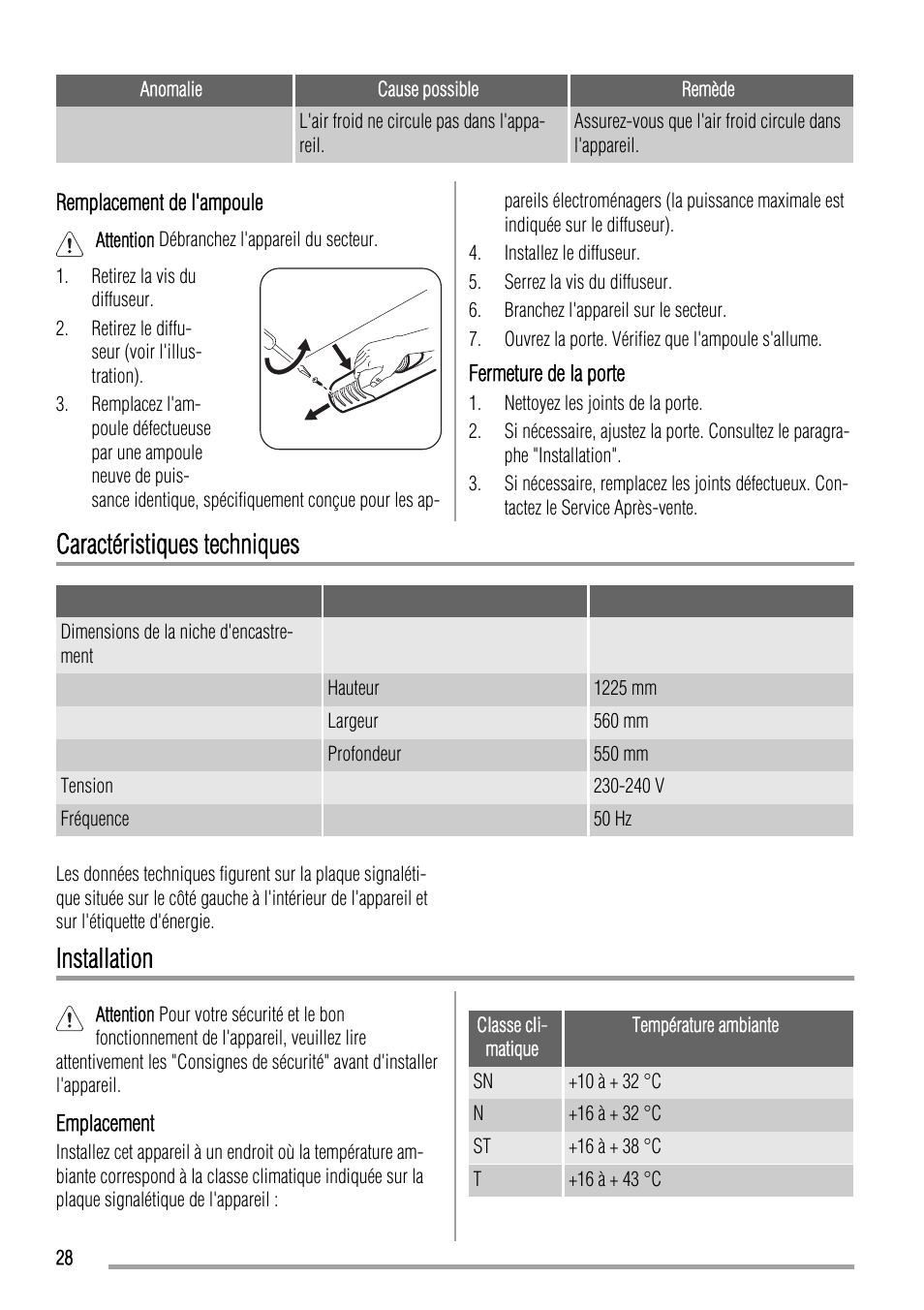 Caractéristiques techniques, Installation | Zanussi ZBA23040SA User Manual | Page 28 / 44