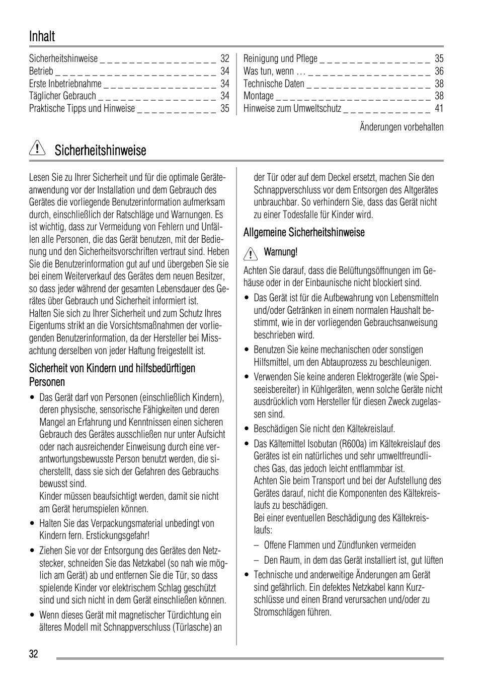 Inhalt, Sicherheitshinweise | Zanussi ZBA23040SA User Manual | Page 32 / 44