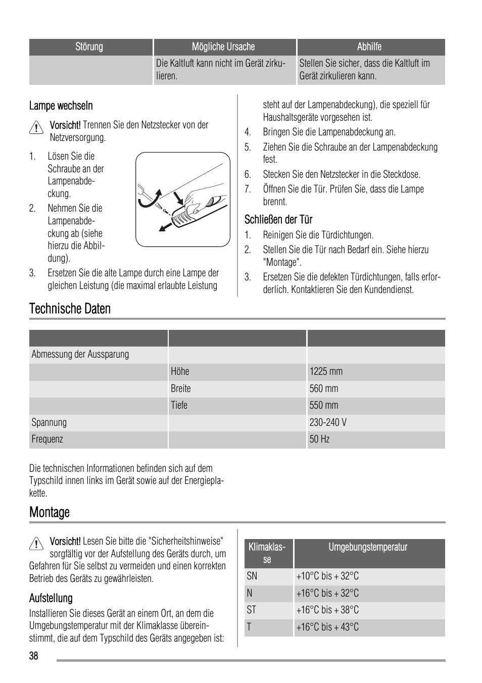 Technische daten, Montage | Zanussi ZBA23040SA User Manual | Page 38 / 44