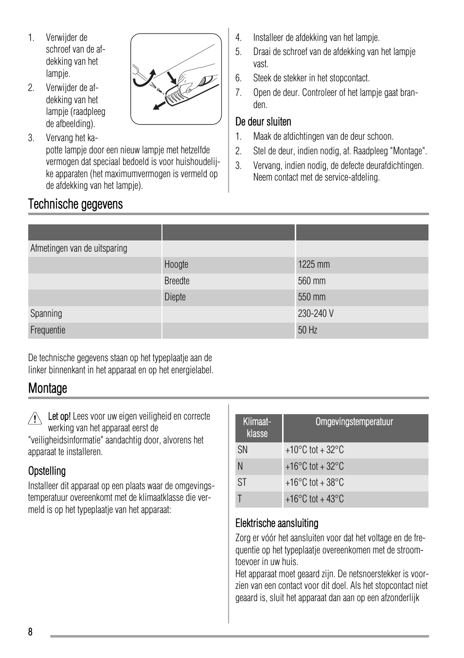 Technische gegevens, Montage | Zanussi ZBA23040SA User Manual | Page 8 / 44