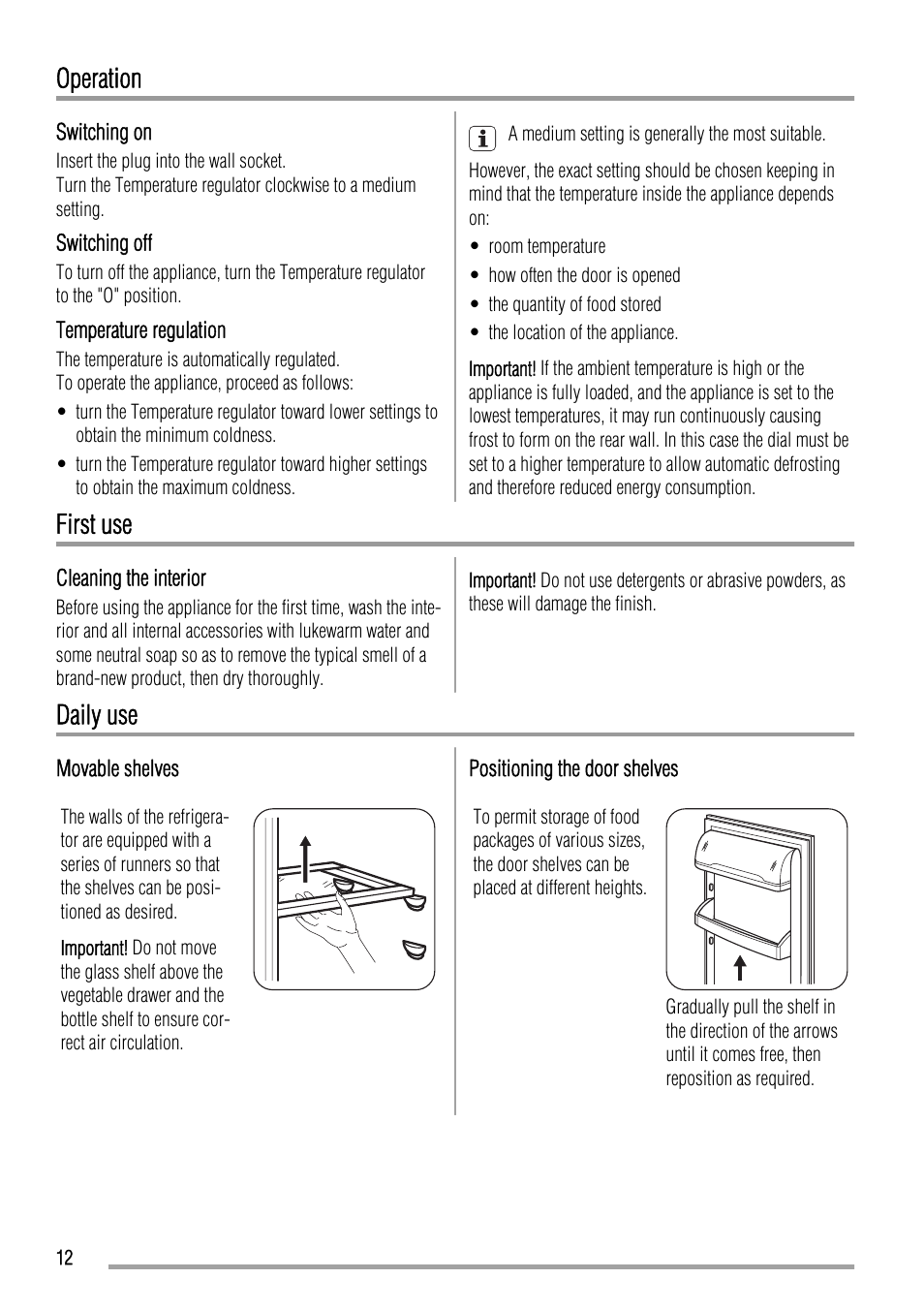 Operation, First use, Daily use | Zanussi ZBA15020SA User Manual | Page 12 / 36