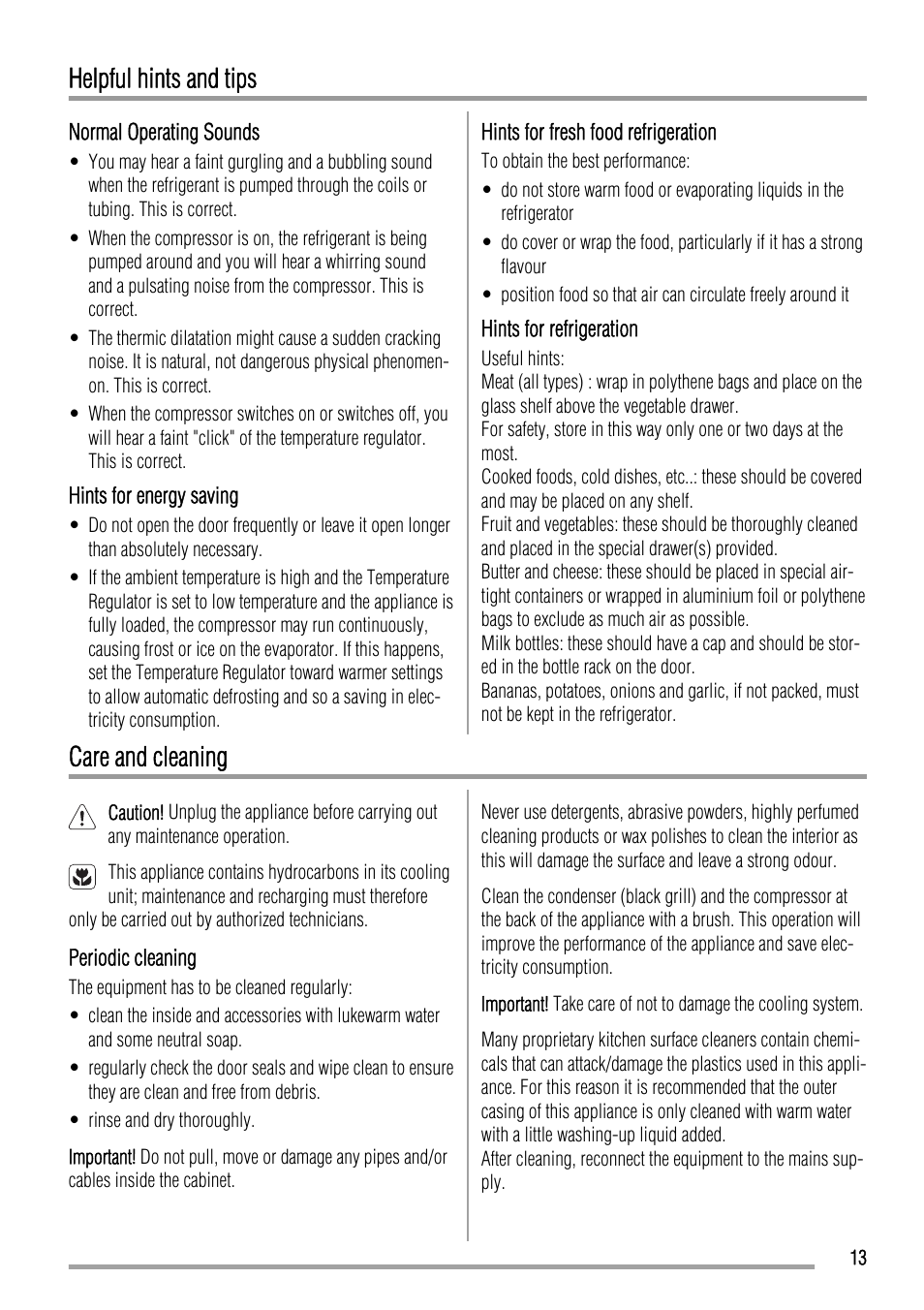 Helpful hints and tips, Care and cleaning | Zanussi ZBA15020SA User Manual | Page 13 / 36