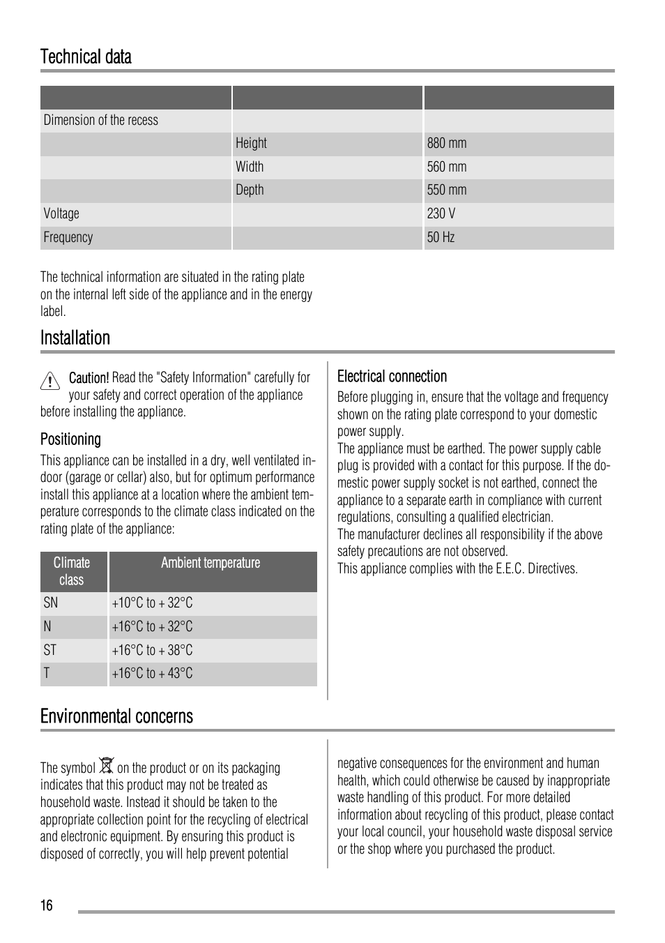 Technical data, Installation, Environmental concerns | Zanussi ZBA15020SA User Manual | Page 16 / 36