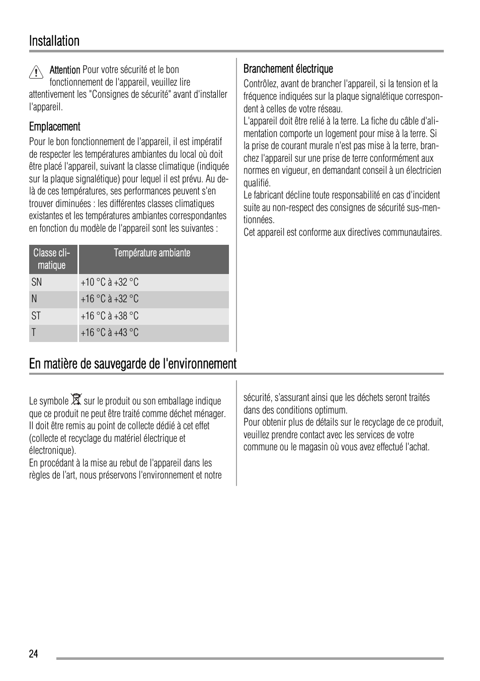 Installation, En matière de sauvegarde de l'environnement | Zanussi ZBA15020SA User Manual | Page 24 / 36