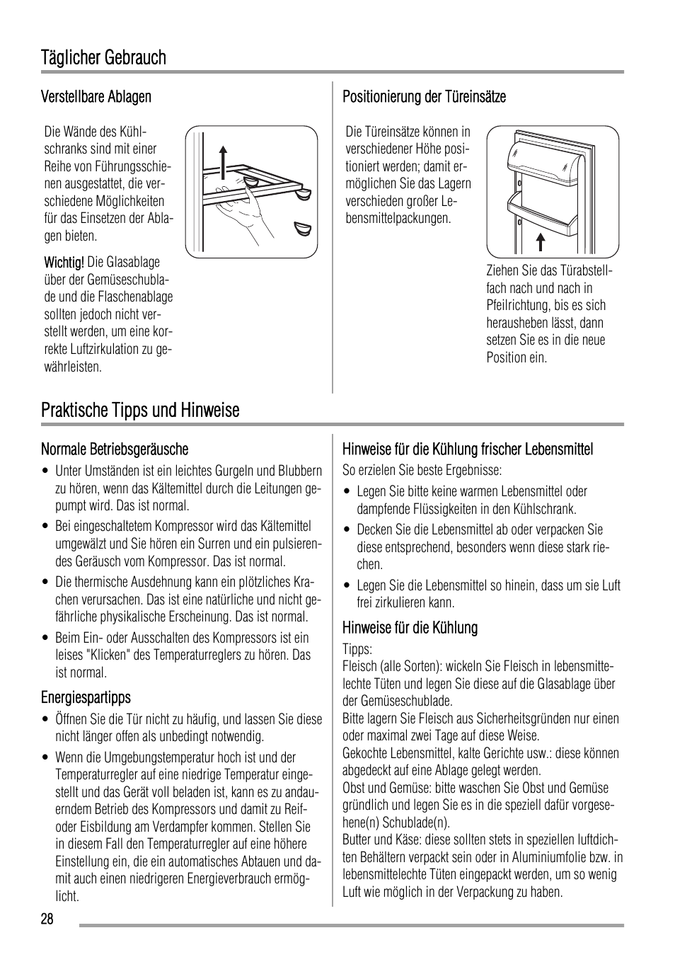 Täglicher gebrauch, Praktische tipps und hinweise | Zanussi ZBA15020SA User Manual | Page 28 / 36