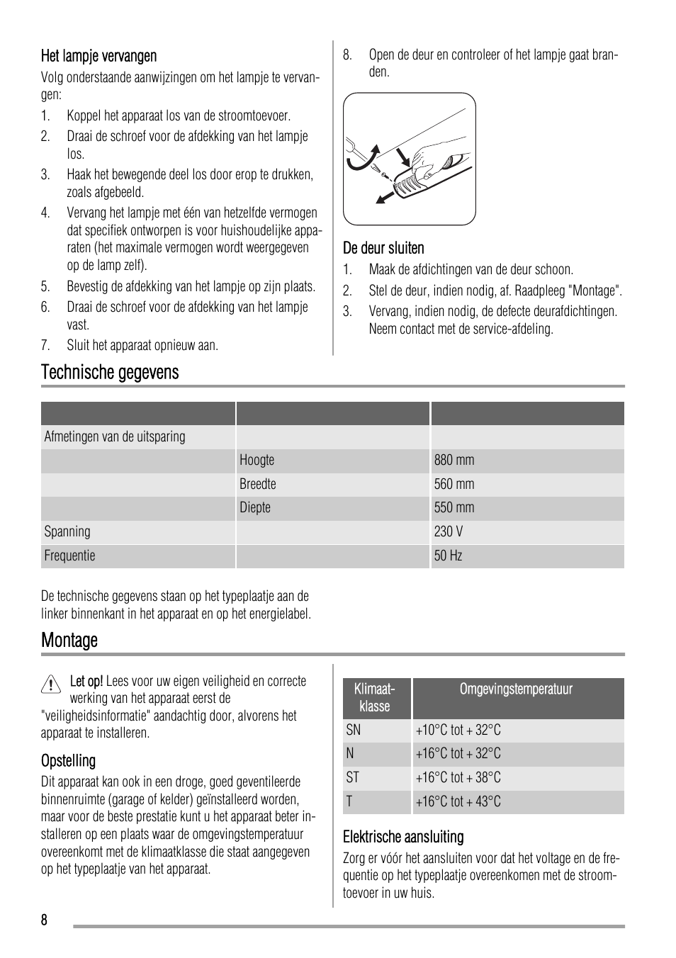 Technische gegevens, Montage | Zanussi ZBA15020SA User Manual | Page 8 / 36