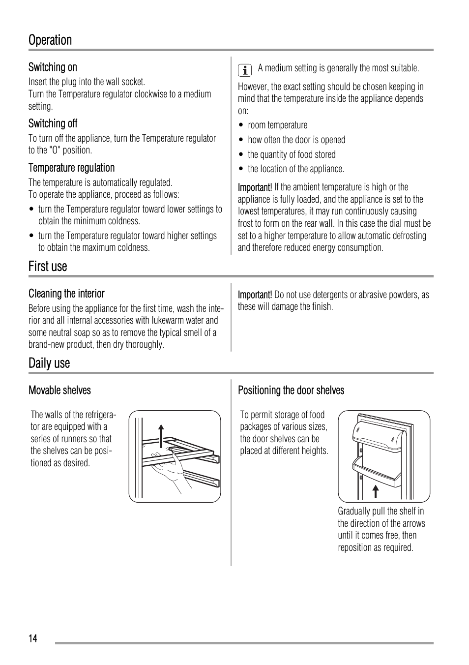 Operation, First use, Daily use | Zanussi ZBA19020SA User Manual | Page 14 / 44