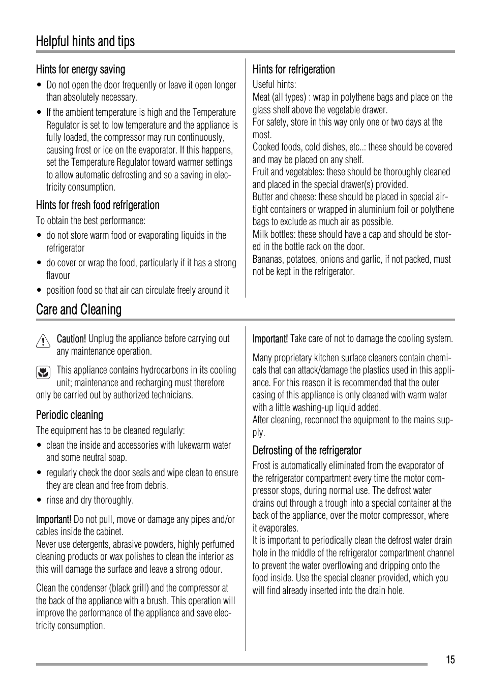Helpful hints and tips, Care and cleaning | Zanussi ZBA19020SA User Manual | Page 15 / 44