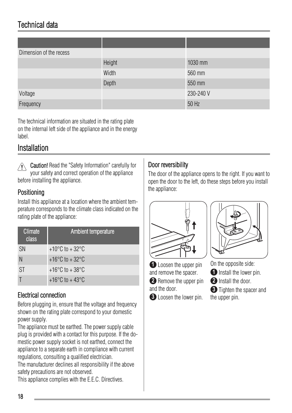 Technical data, Installation | Zanussi ZBA19020SA User Manual | Page 18 / 44