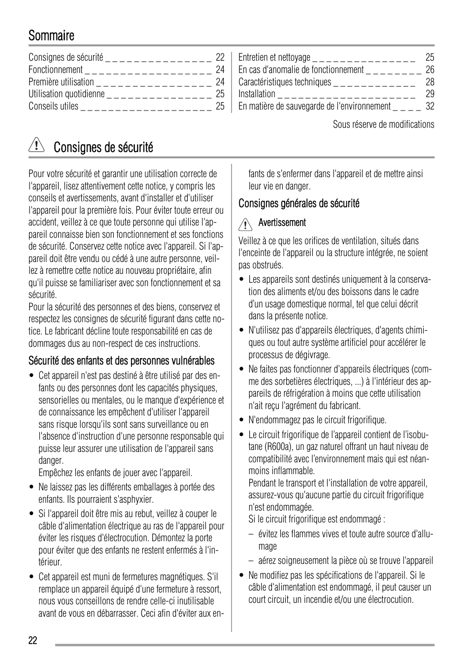 Sommaire, Consignes de sécurité | Zanussi ZBA19020SA User Manual | Page 22 / 44