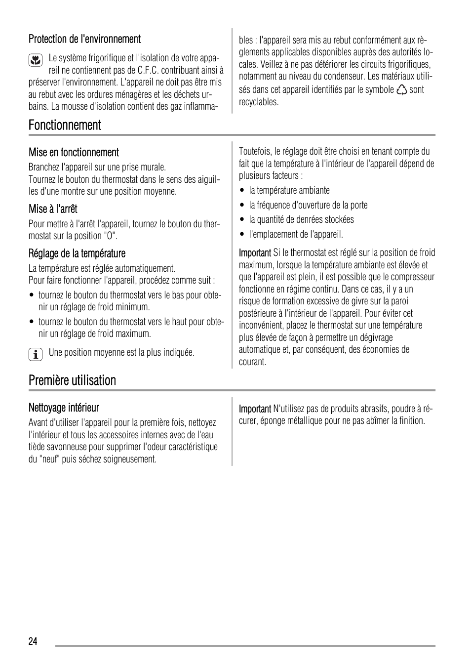 Fonctionnement, Première utilisation | Zanussi ZBA19020SA User Manual | Page 24 / 44