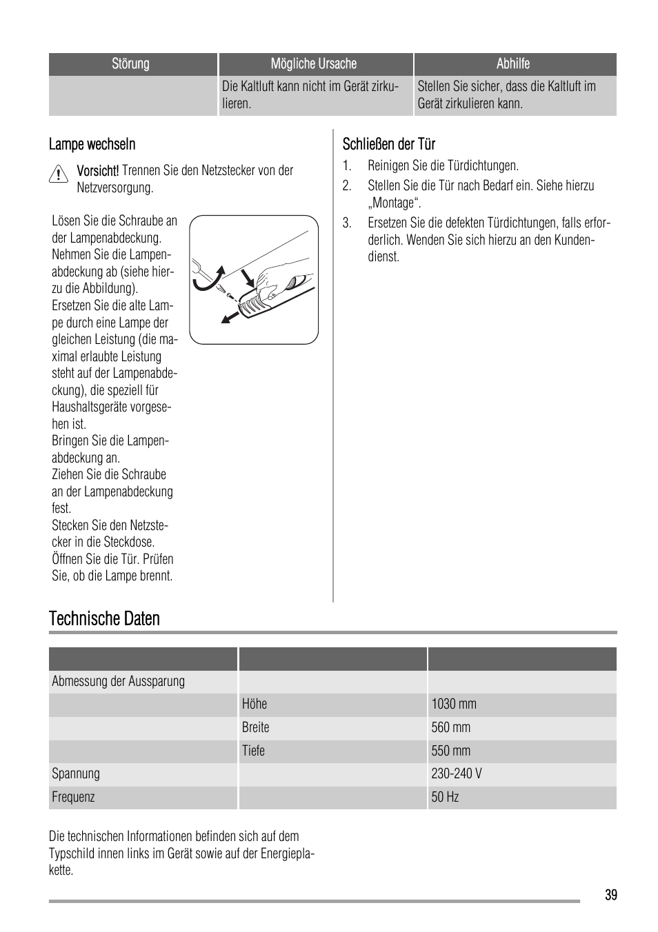 Technische daten | Zanussi ZBA19020SA User Manual | Page 39 / 44