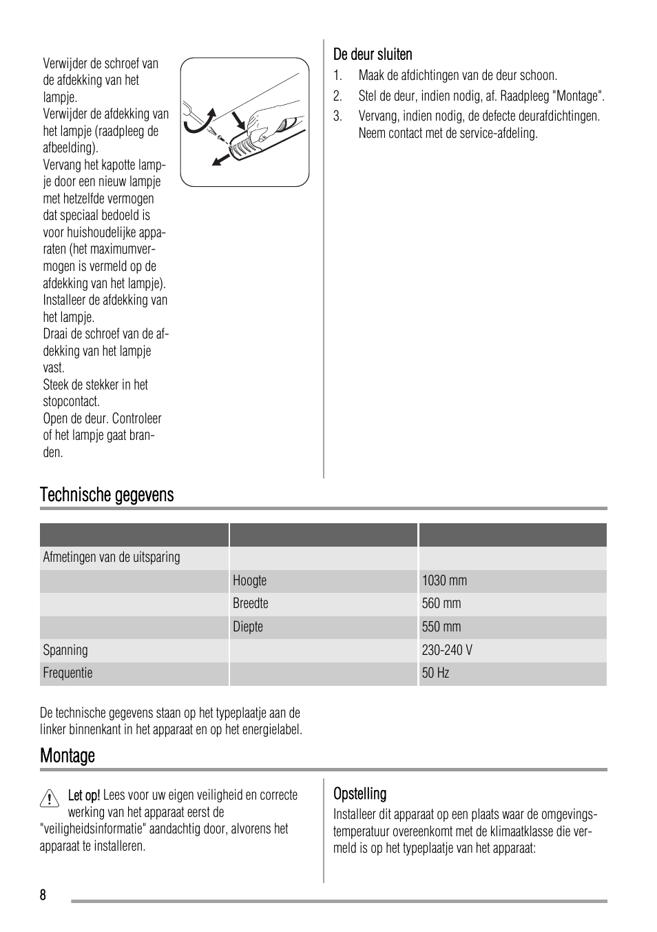 Technische gegevens, Montage | Zanussi ZBA19020SA User Manual | Page 8 / 44
