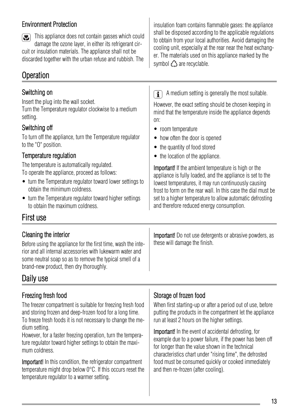 Operation, First use, Daily use | Zanussi ZBA14440SA User Manual | Page 13 / 40
