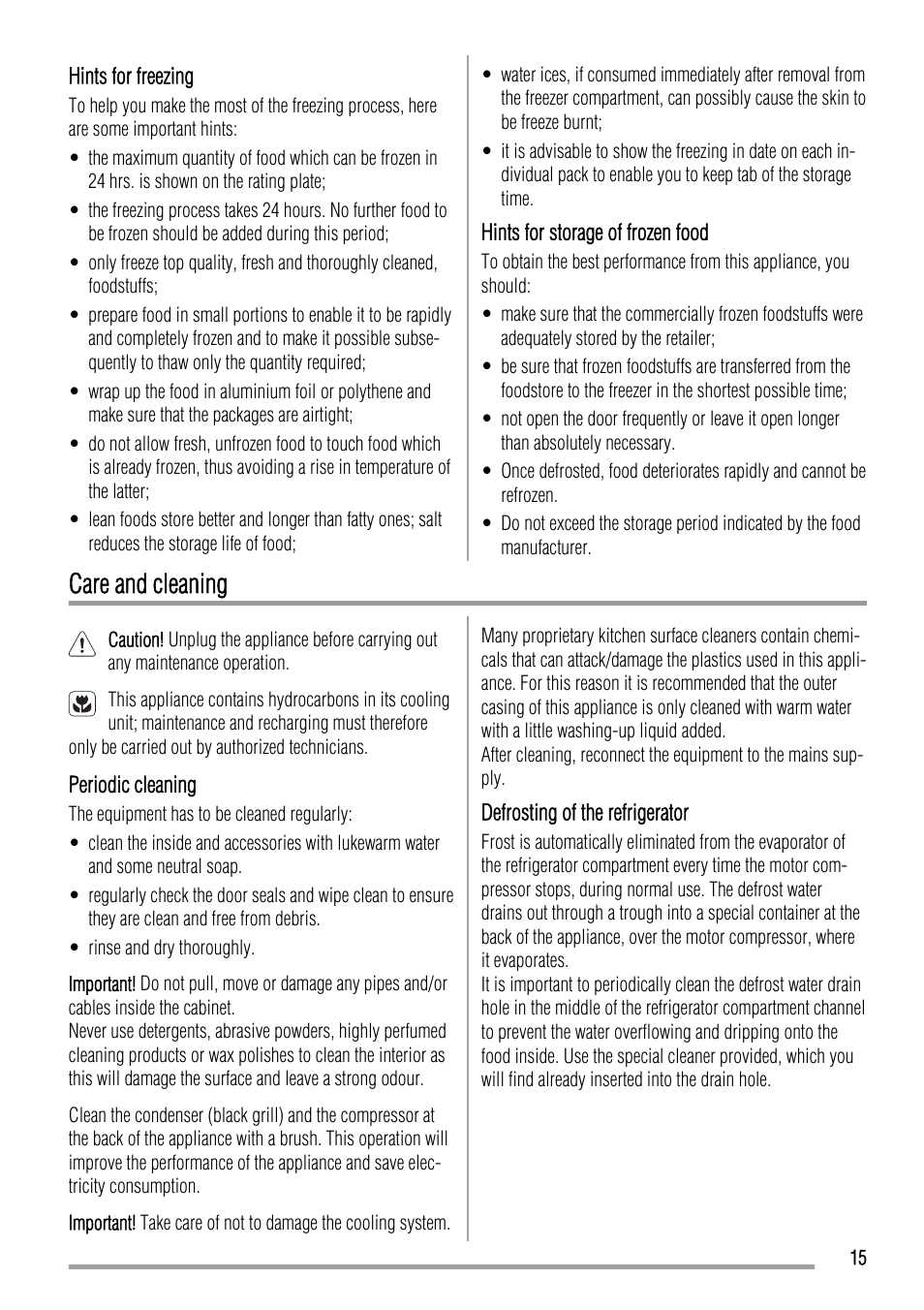 Care and cleaning | Zanussi ZBA14440SA User Manual | Page 15 / 40