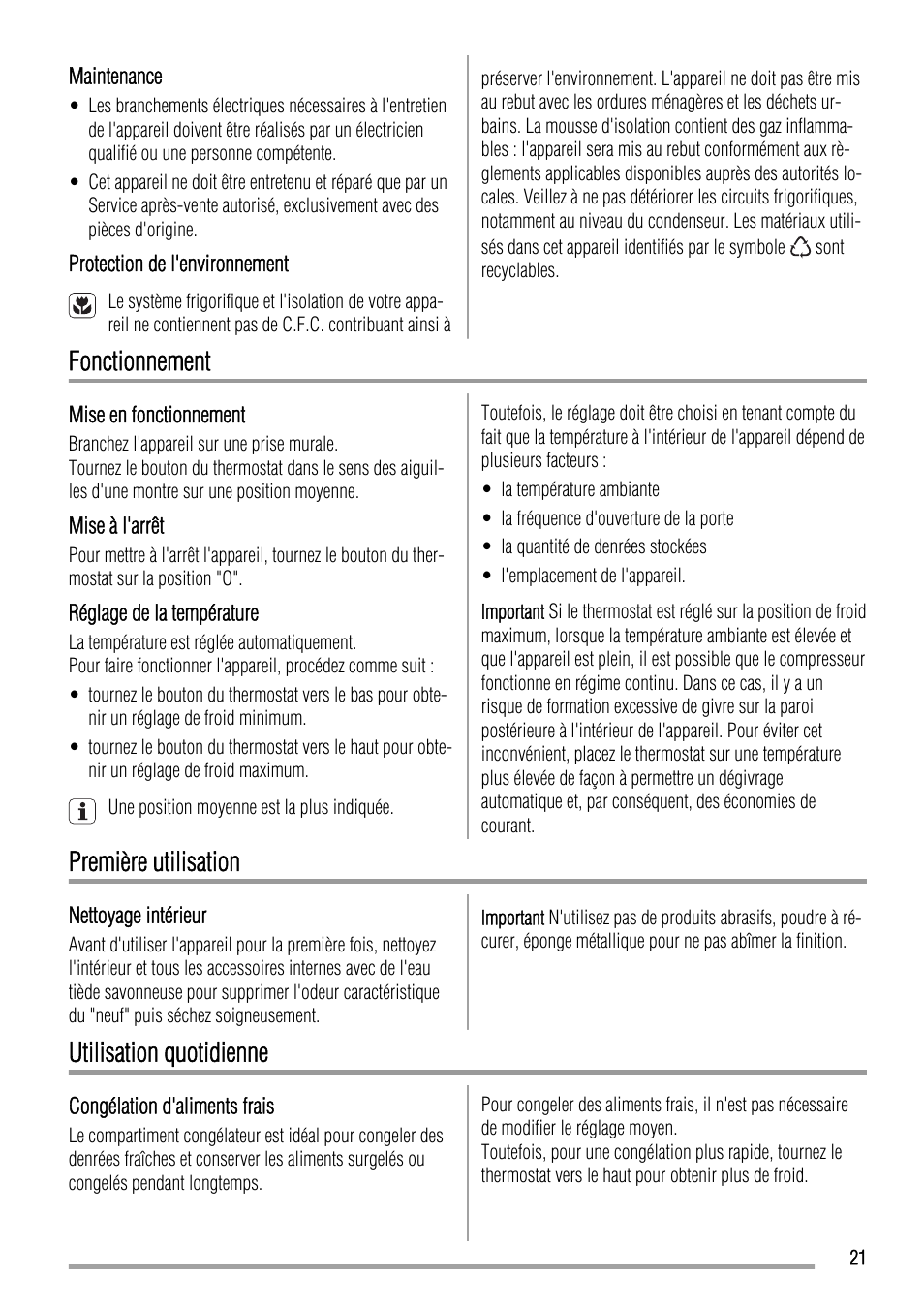 Fonctionnement, Première utilisation, Utilisation quotidienne | Zanussi ZBA14440SA User Manual | Page 21 / 40