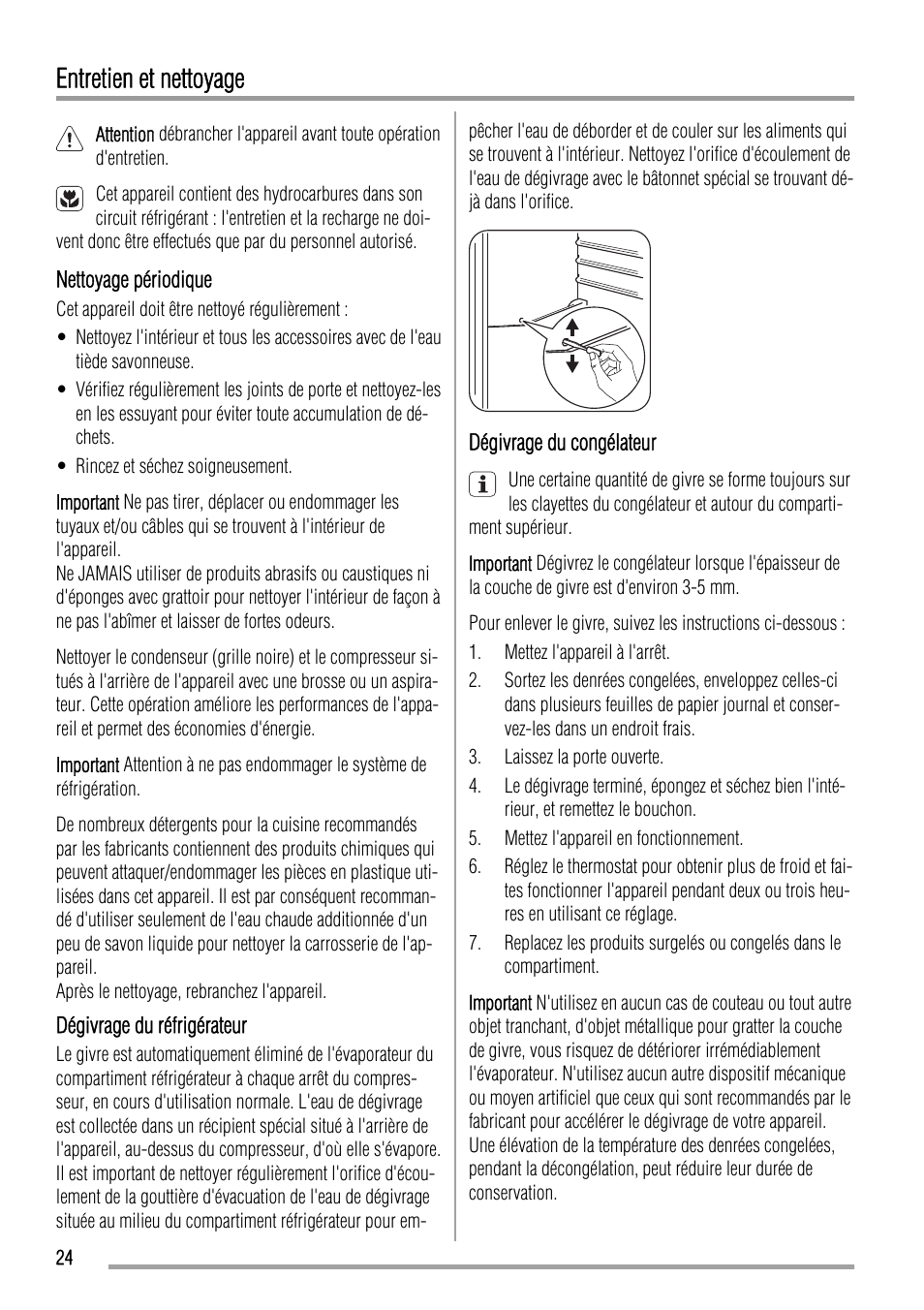 Entretien et nettoyage | Zanussi ZBA14440SA User Manual | Page 24 / 40