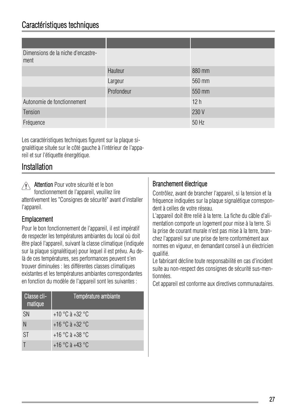 Caractéristiques techniques, Installation | Zanussi ZBA14440SA User Manual | Page 27 / 40