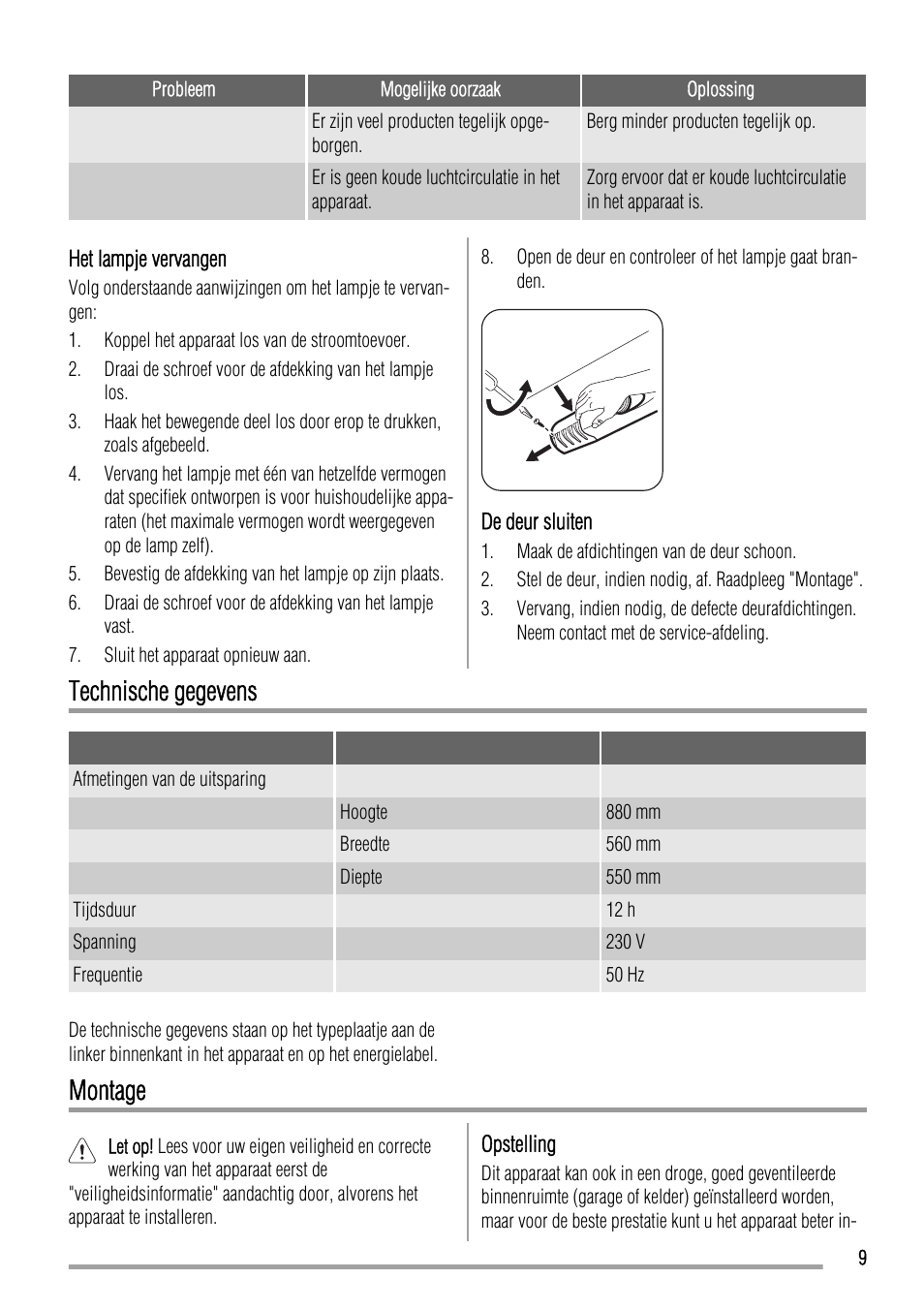 Technische gegevens, Montage | Zanussi ZBA14440SA User Manual | Page 9 / 40