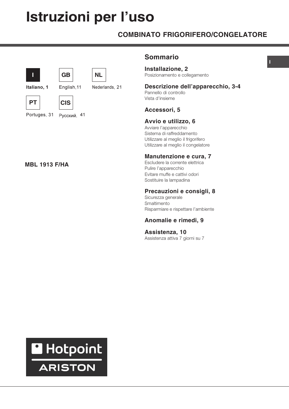 Hotpoint Ariston MBL 1911 F/HA User Manual | 52 pages