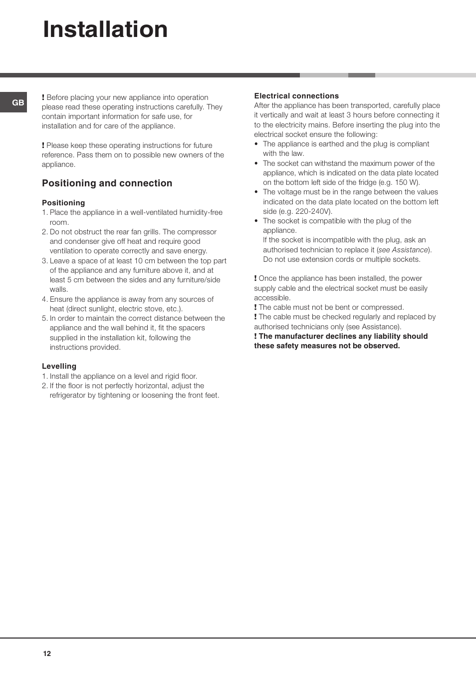 Installation | Hotpoint Ariston MBL 1911 F/HA User Manual | Page 12 / 52