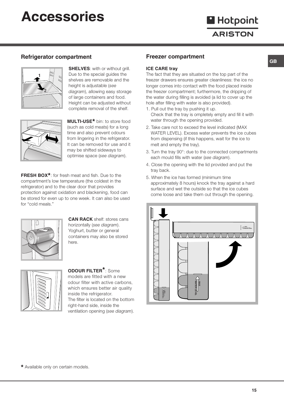 Accessories, Refrigerator compartment, Freezer compartment | Hotpoint Ariston MBL 1911 F/HA User Manual | Page 15 / 52