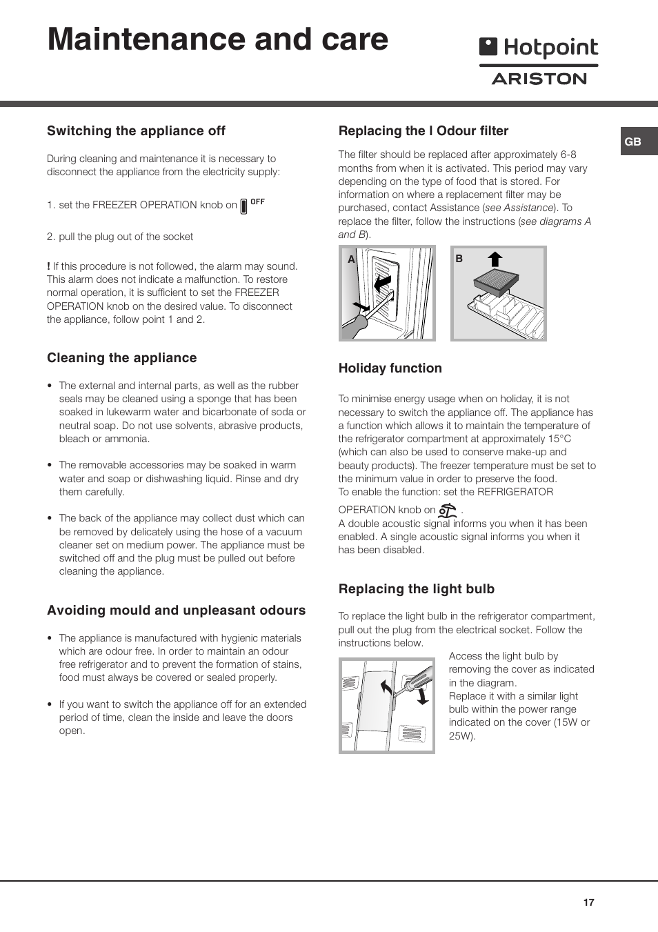 Maintenance and care | Hotpoint Ariston MBL 1911 F/HA User Manual | Page 17 / 52