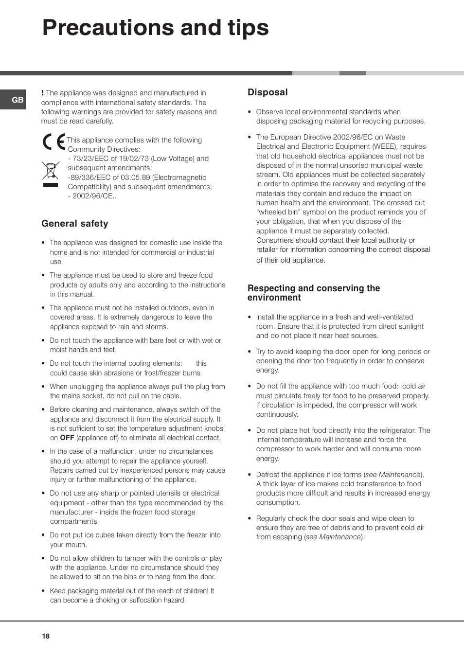 Precautions and tips, General safety, Disposal | Respecting and conserving the environment | Hotpoint Ariston MBL 1911 F/HA User Manual | Page 18 / 52
