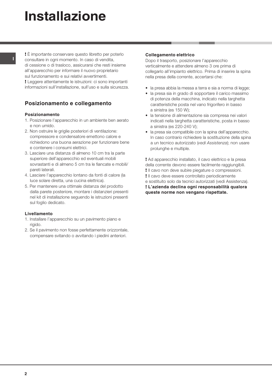 Installazione | Hotpoint Ariston MBL 1911 F/HA User Manual | Page 2 / 52