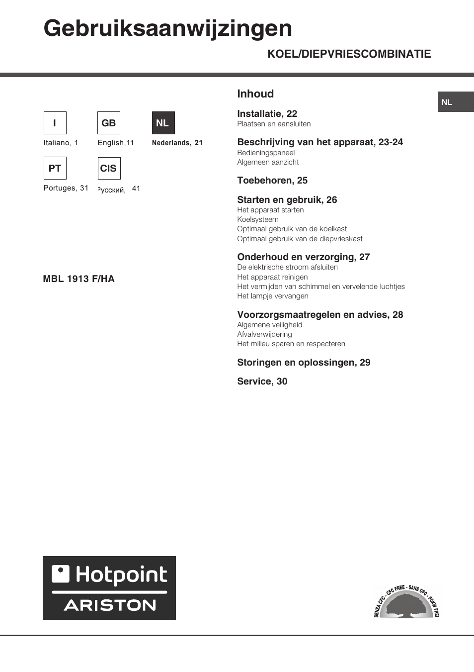 Gebruiksaanwijzingen, Koel/diepvriescombinatie inhoud | Hotpoint Ariston MBL 1911 F/HA User Manual | Page 21 / 52