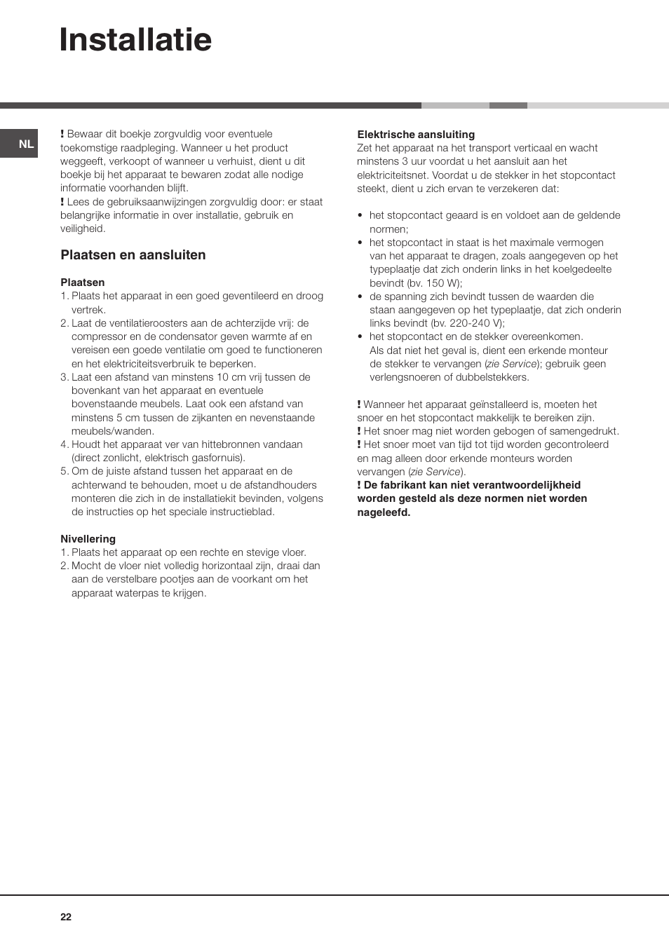Installatie, Plaatsen en aansluiten | Hotpoint Ariston MBL 1911 F/HA User Manual | Page 22 / 52