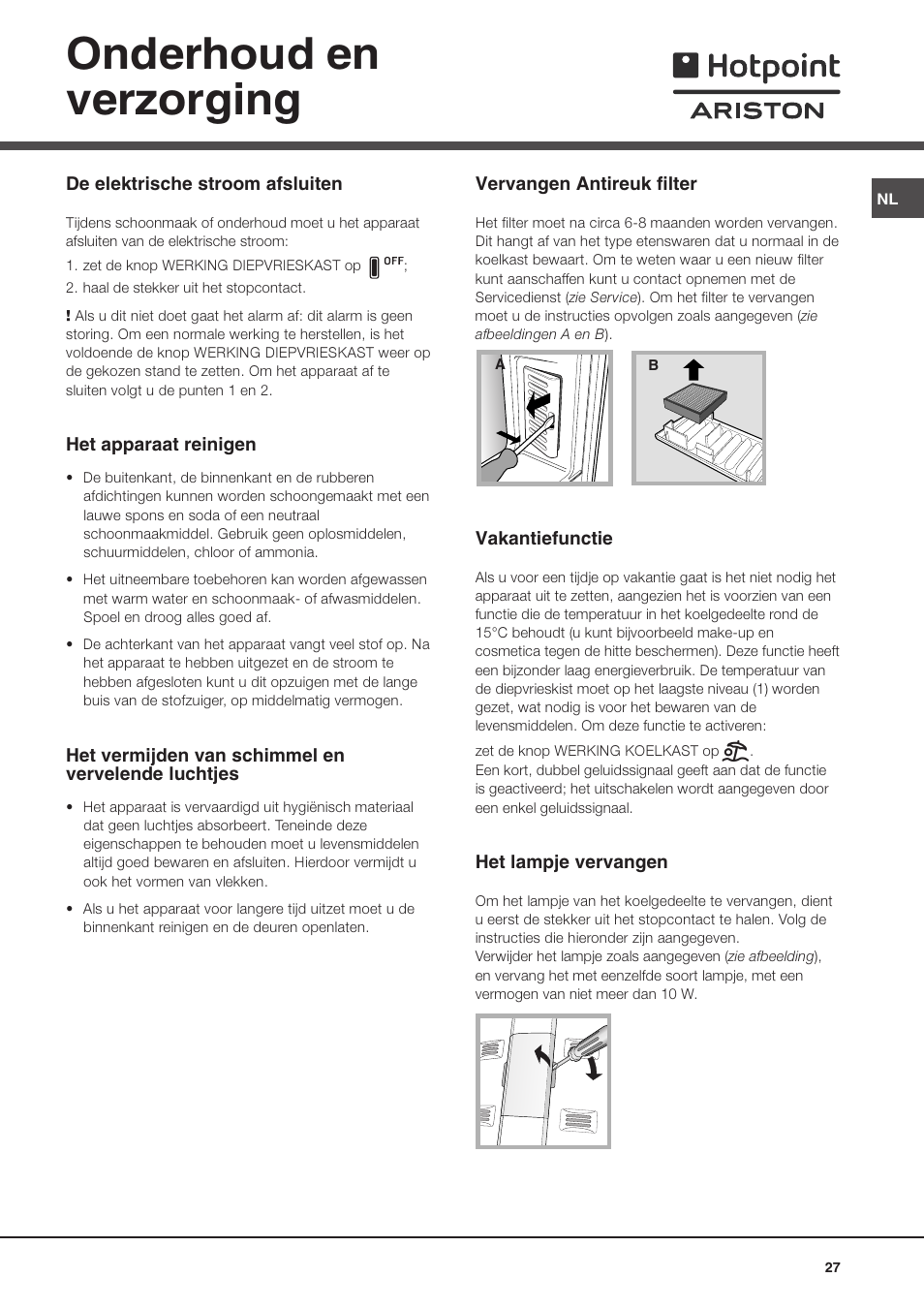Onderhoud en verzorging | Hotpoint Ariston MBL 1911 F/HA User Manual | Page 27 / 52