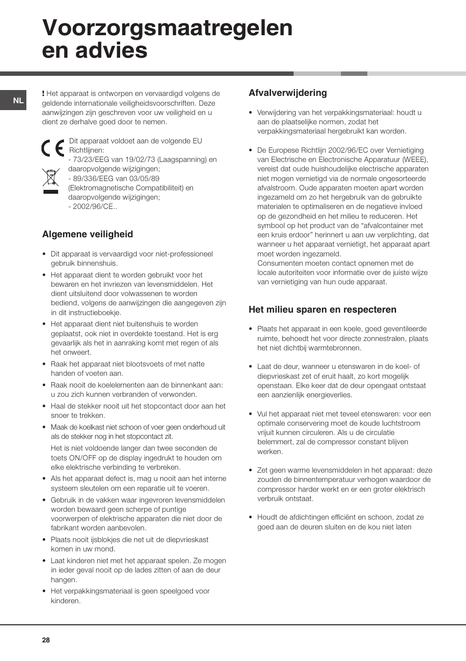 Voorzorgsmaatregelen en advies | Hotpoint Ariston MBL 1911 F/HA User Manual | Page 28 / 52