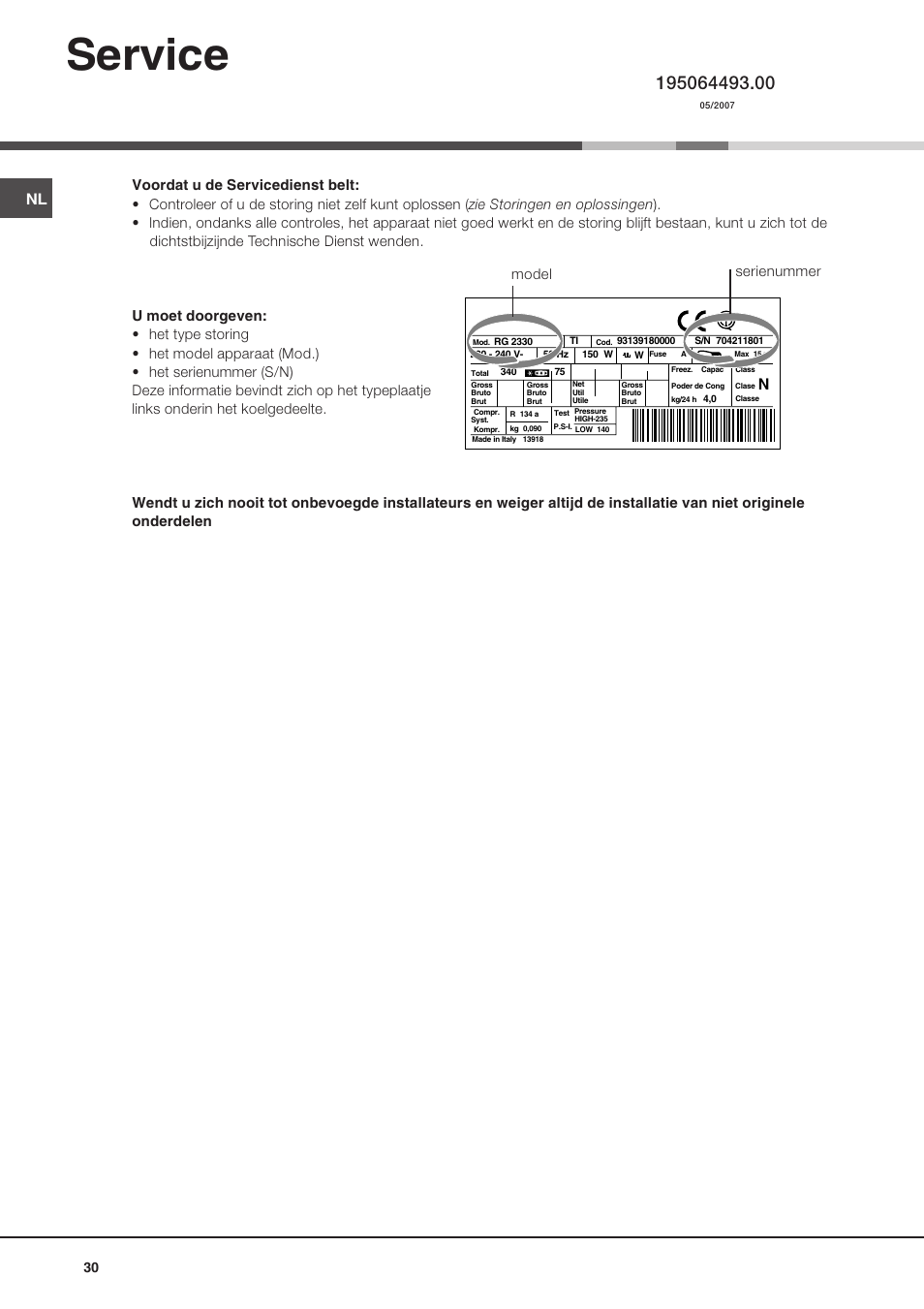 Service, Model serienummer | Hotpoint Ariston MBL 1911 F/HA User Manual | Page 30 / 52