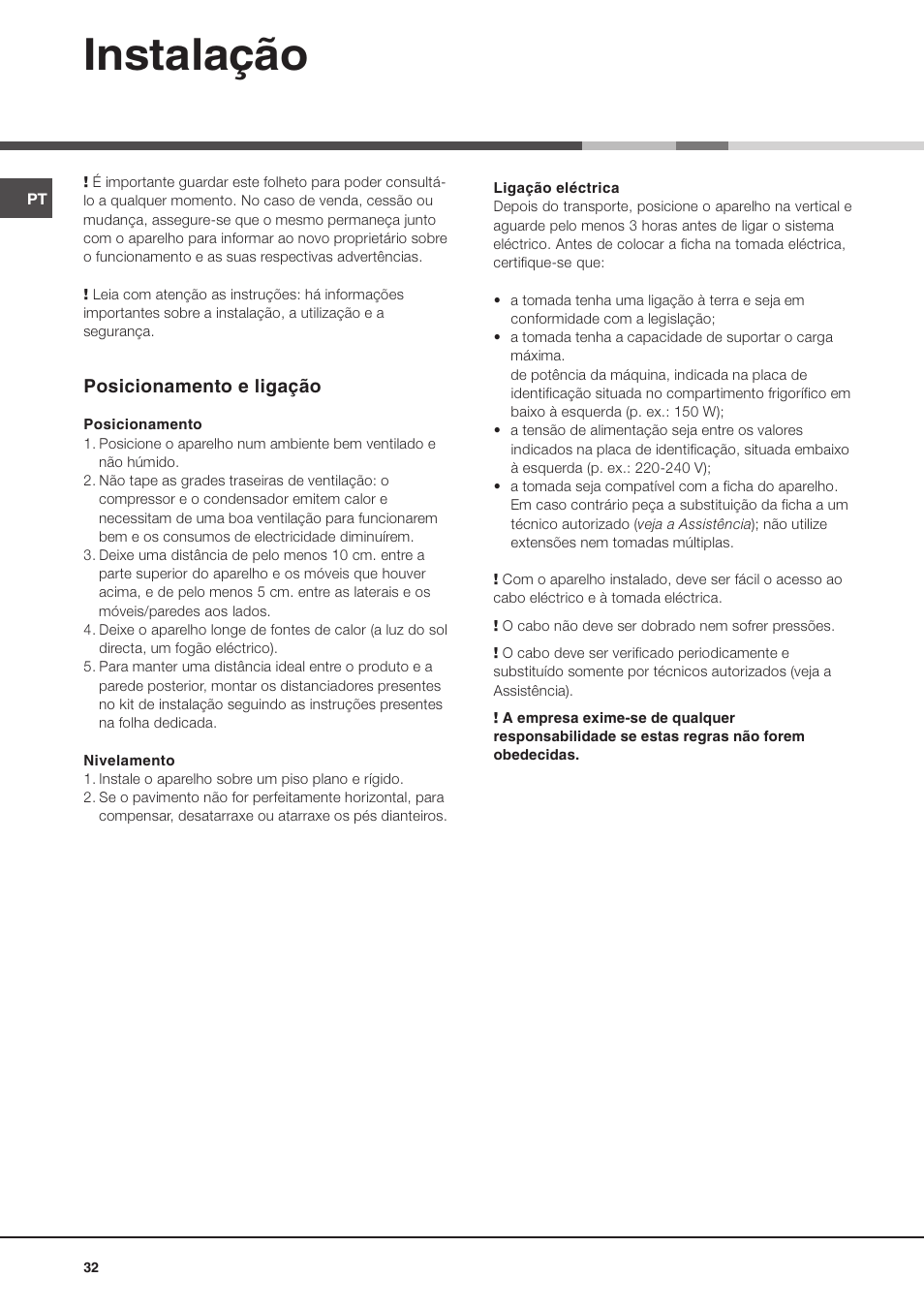 Instalação | Hotpoint Ariston MBL 1911 F/HA User Manual | Page 32 / 52