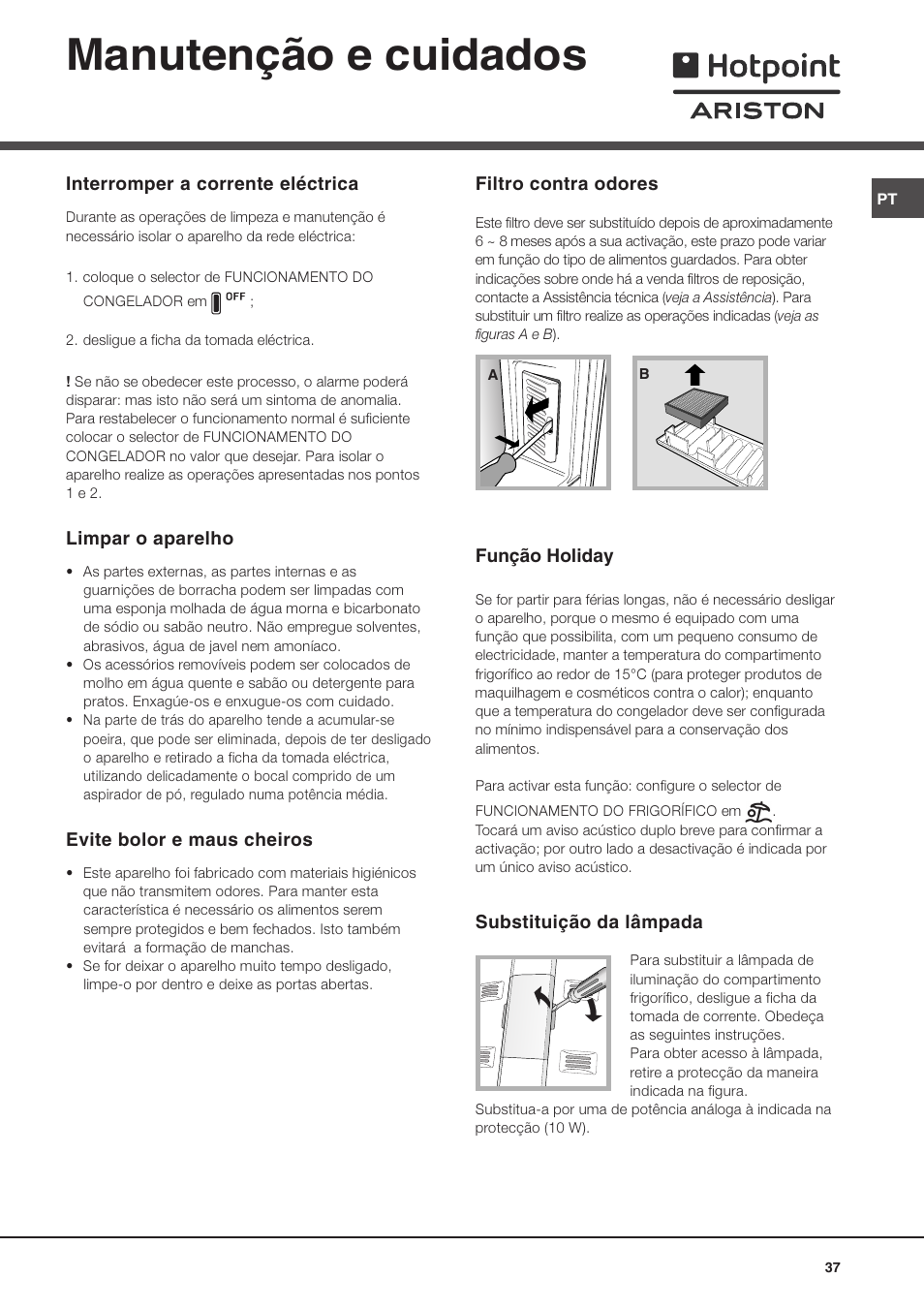 Manutenção e cuidados | Hotpoint Ariston MBL 1911 F/HA User Manual | Page 37 / 52