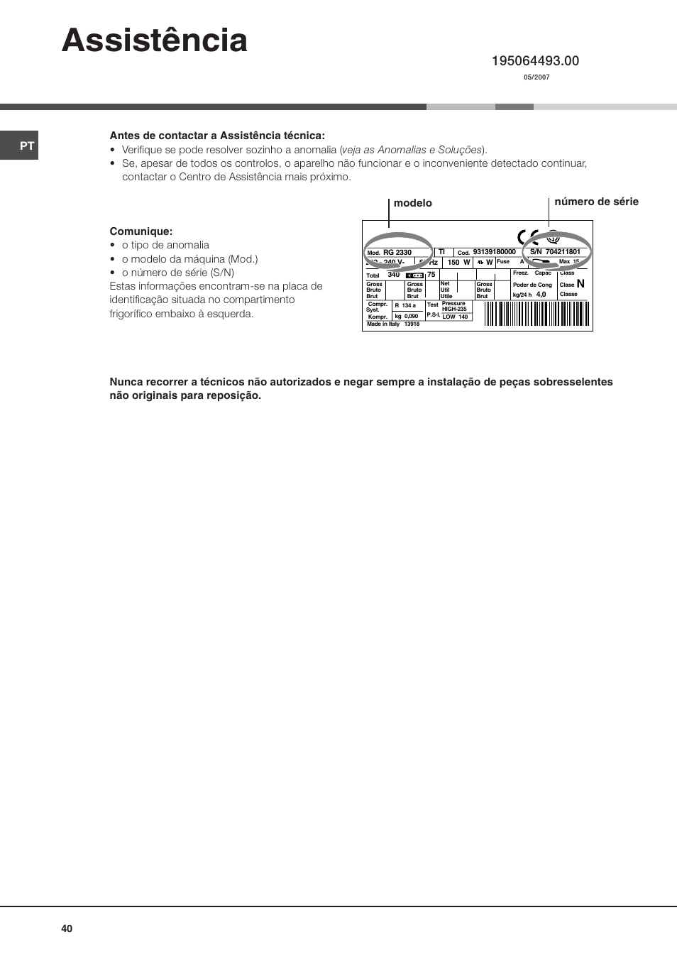 Assistência, Modelo número de série | Hotpoint Ariston MBL 1911 F/HA User Manual | Page 40 / 52