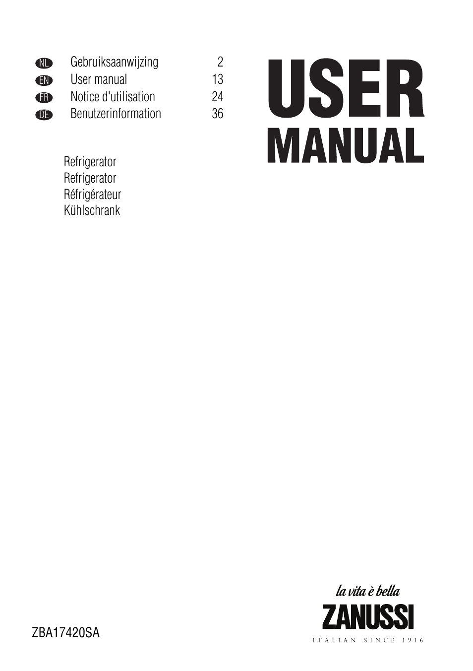 Zanussi ZBA17420SA User Manual | 48 pages