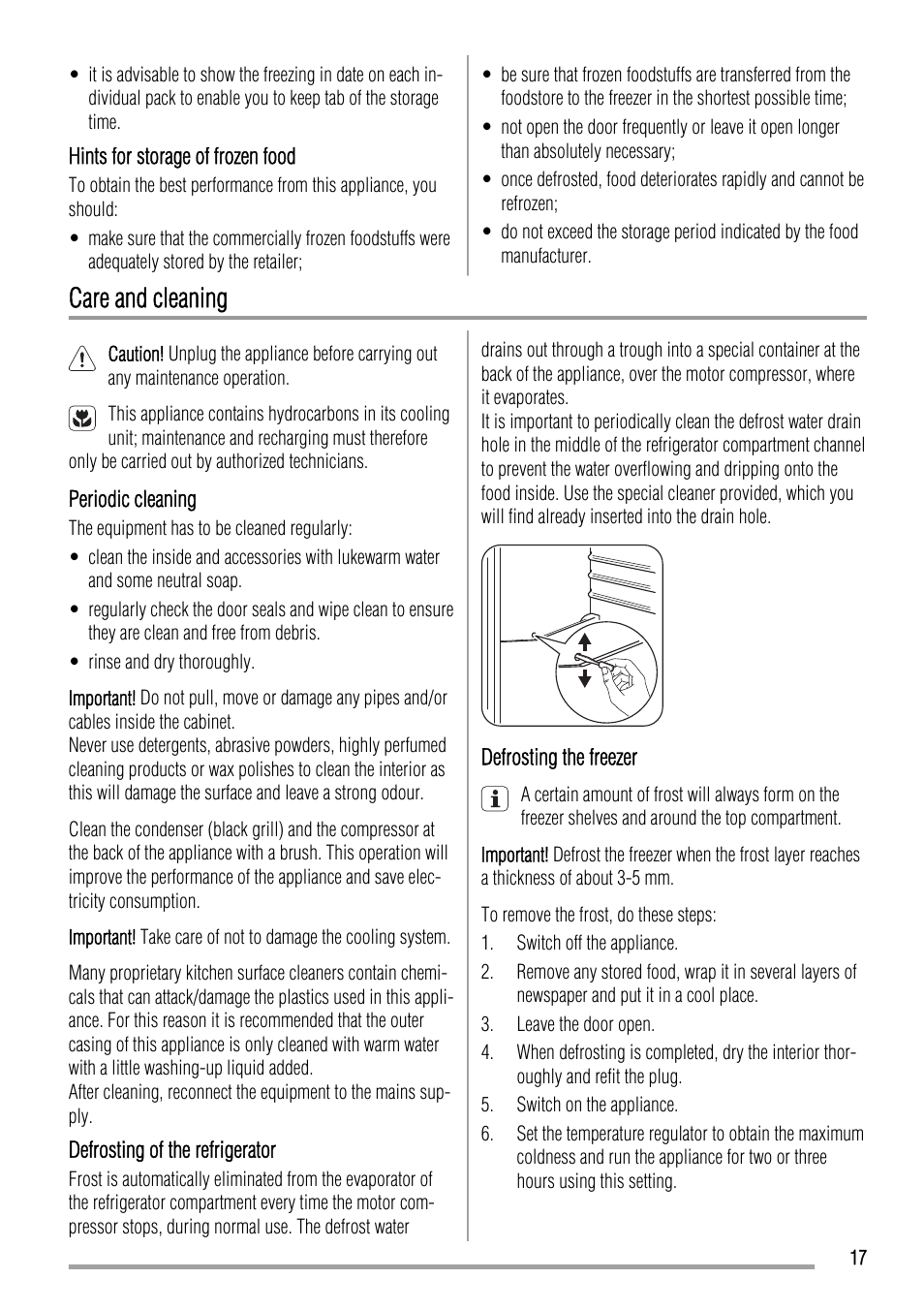 Care and cleaning | Zanussi ZBA17420SA User Manual | Page 17 / 48