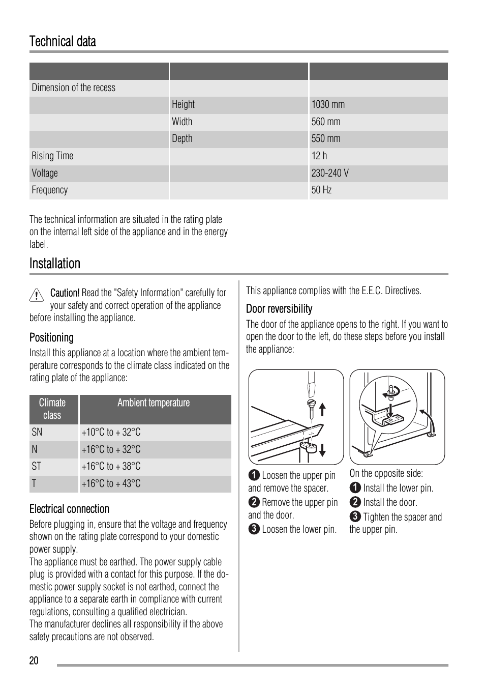 Technical data, Installation | Zanussi ZBA17420SA User Manual | Page 20 / 48