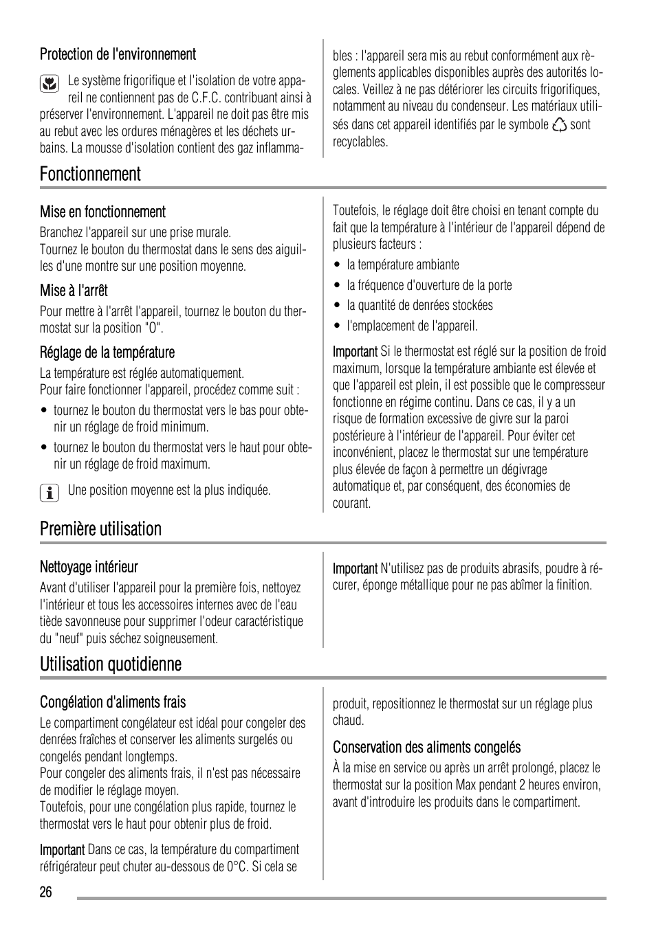 Fonctionnement, Première utilisation, Utilisation quotidienne | Zanussi ZBA17420SA User Manual | Page 26 / 48
