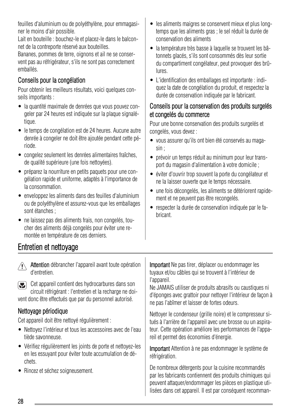 Entretien et nettoyage | Zanussi ZBA17420SA User Manual | Page 28 / 48