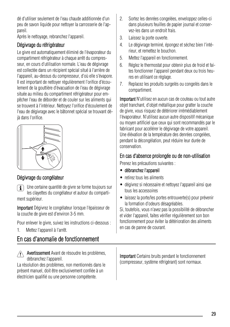 En cas d'anomalie de fonctionnement | Zanussi ZBA17420SA User Manual | Page 29 / 48