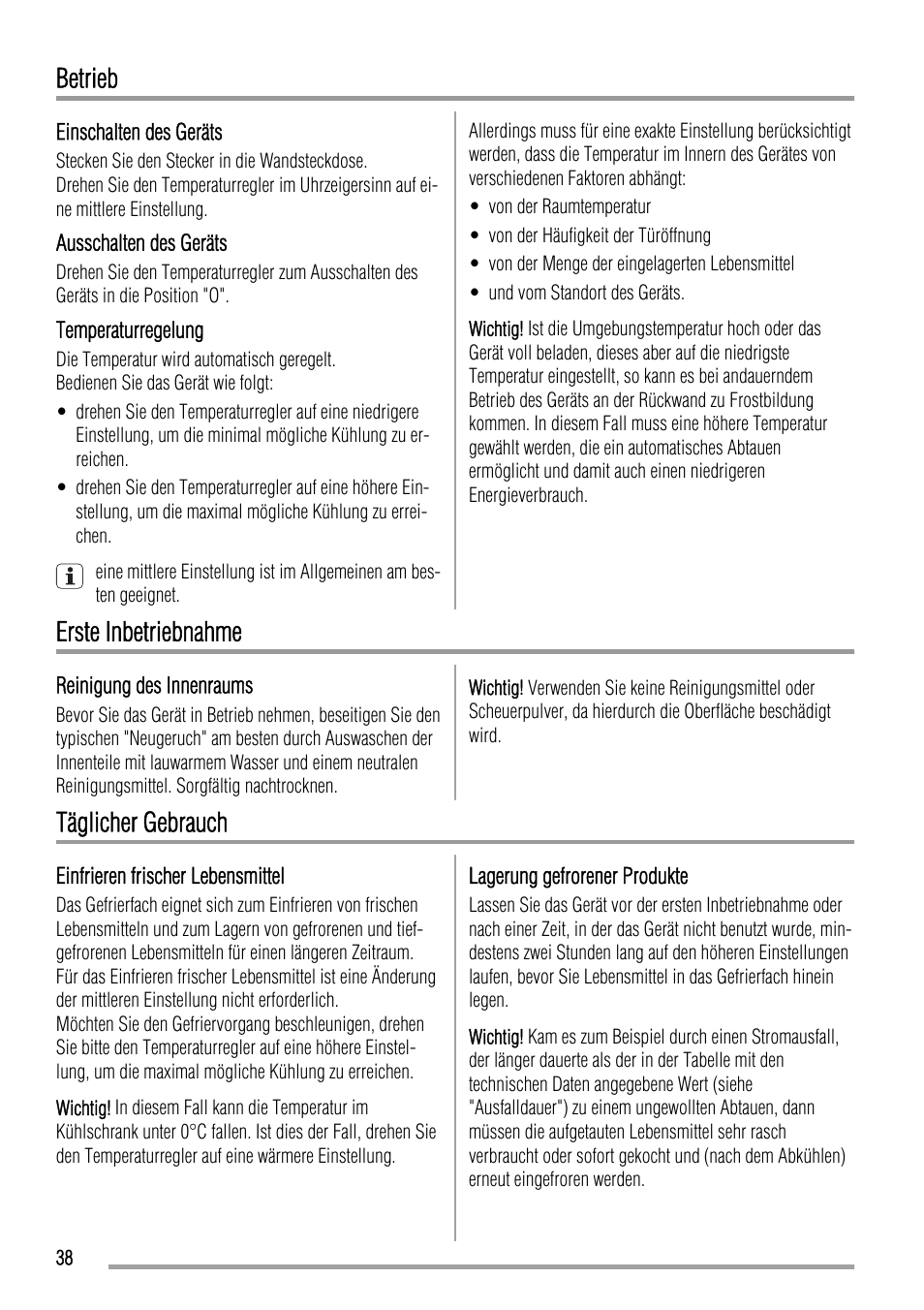 Betrieb, Erste inbetriebnahme, Täglicher gebrauch | Zanussi ZBA17420SA User Manual | Page 38 / 48
